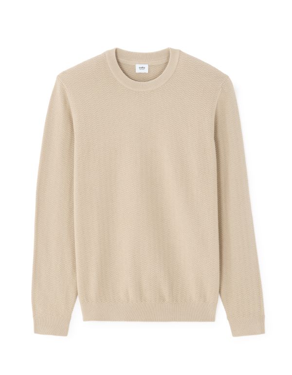 Pull col rond 100% coton motif chevron - beige
