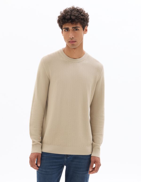 Pull col rond 100% coton motif chevron - beige
