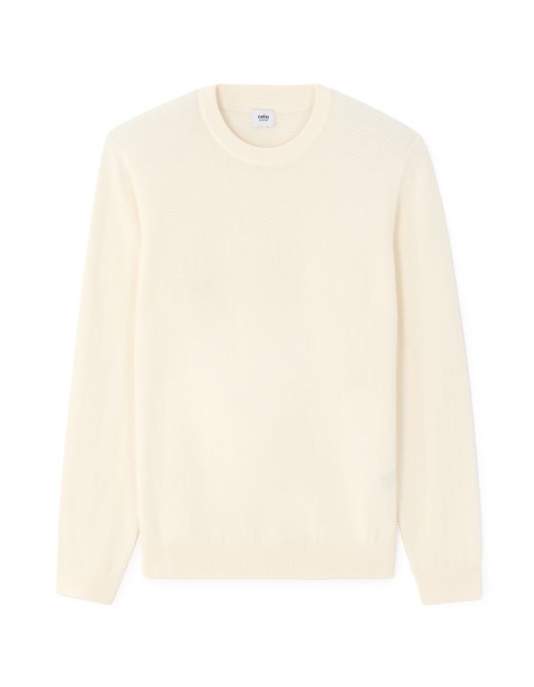 Pull col rond 100% coton motif chevron - blanc