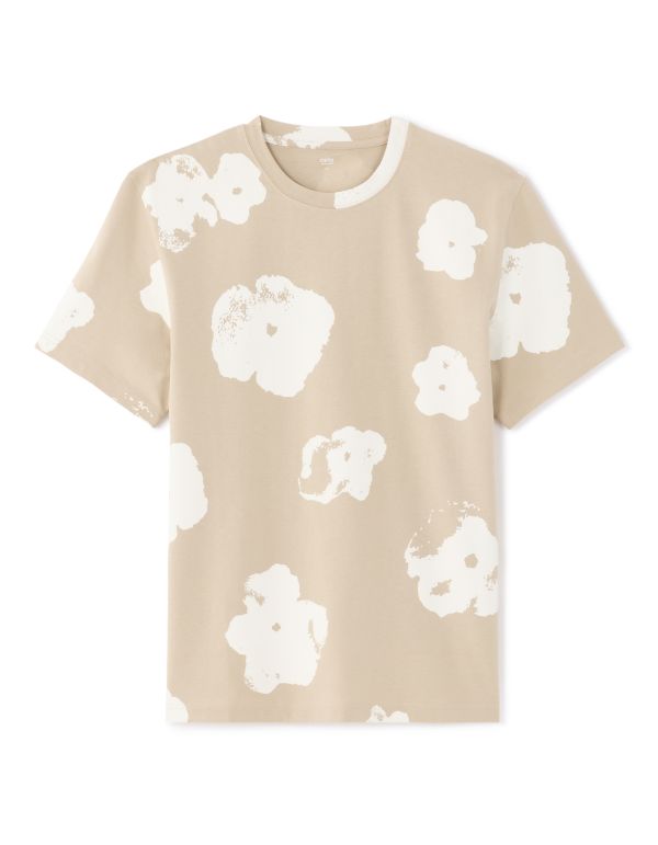 T-shirt boxy col rond 100% coton imprimé floral - taupe clair