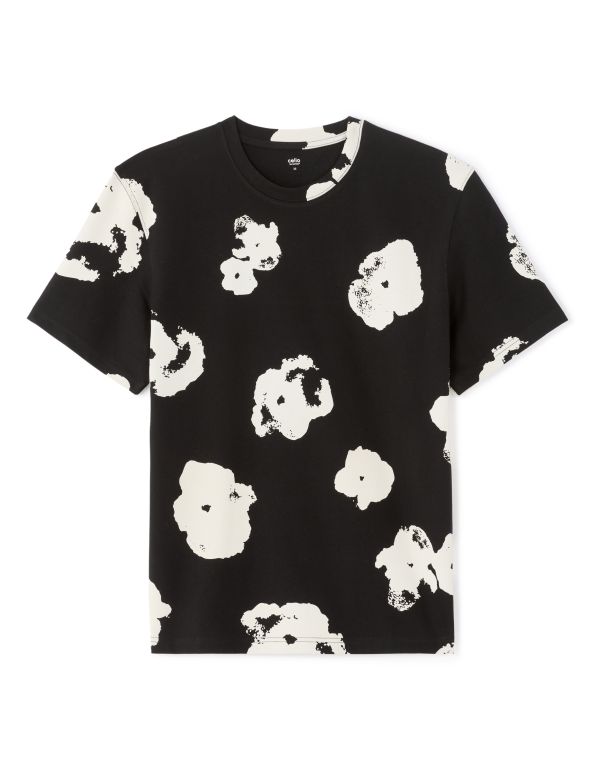 T-shirt boxy col rond 100% coton imprimé floral - noir