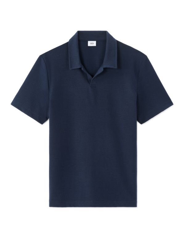Polo col cubain regular en seersucker - marine