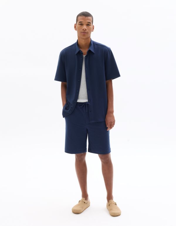 Polo col cubain regular en seersucker - marine