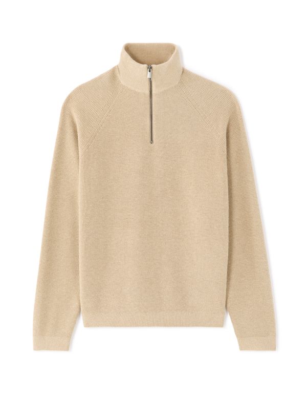 Pull col zippé effet gaufré - beige