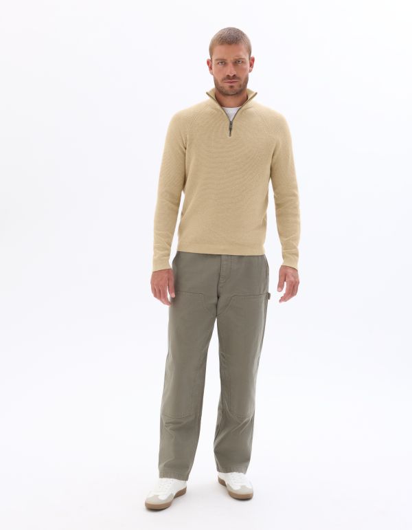 Pull col zippé effet gaufré - beige