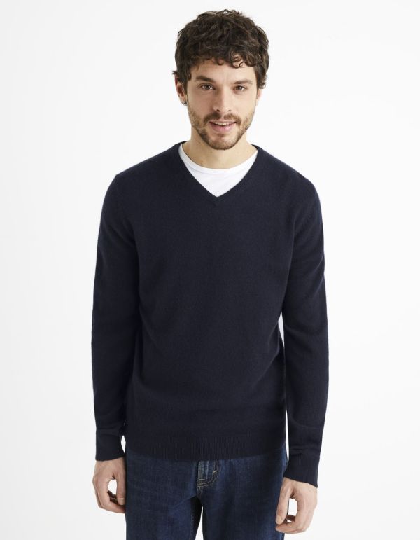 Pull col v 100% cachemire - encre foncée