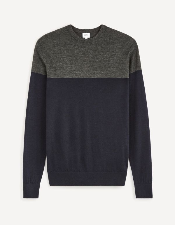 Pull col rond laine mérinos mélangée color block - bleu marine