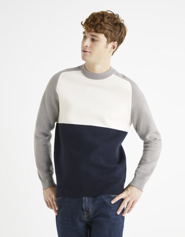 Pull col rond color block coton mélangé