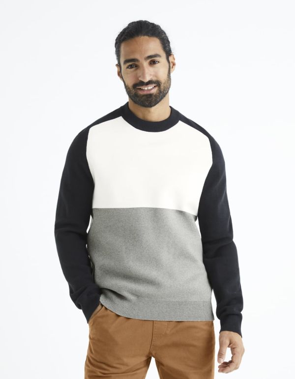 Pull col rond color block coton mélangé