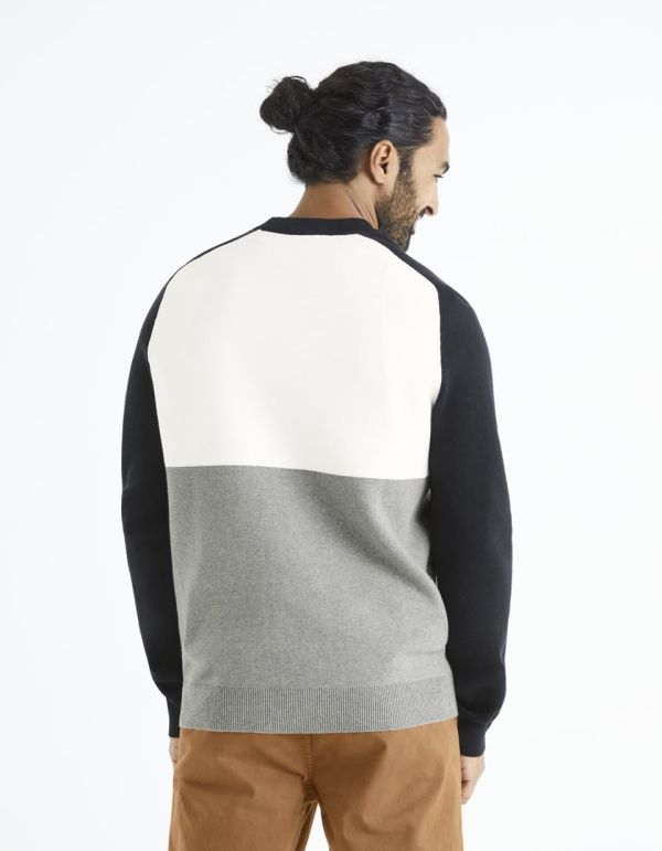 Pull col rond color block coton mélangé