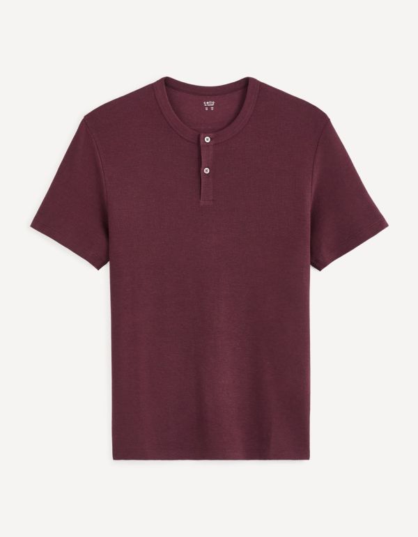 T-shirt col henley coton mélangé - bordeaux