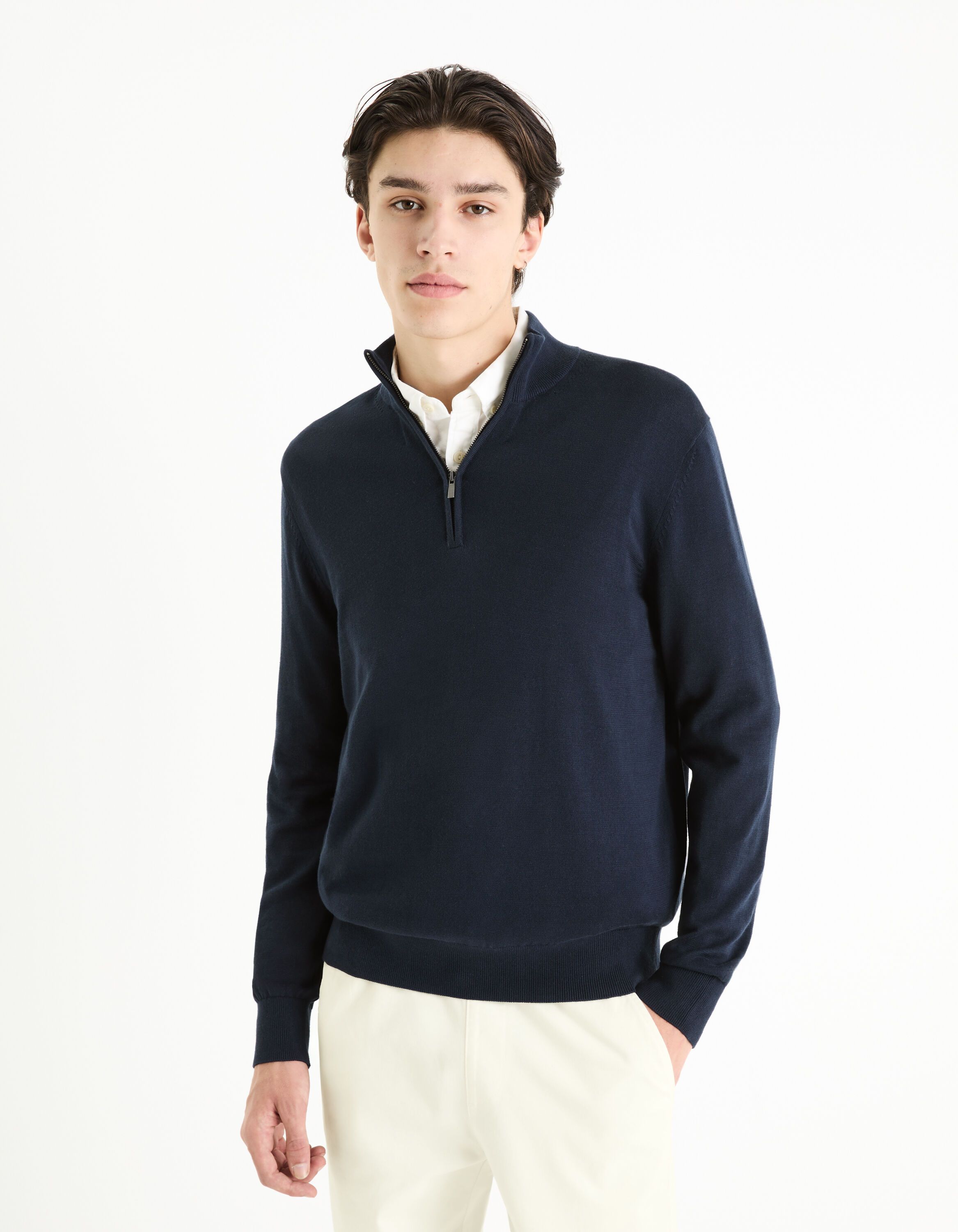 Pull col montant zippé 100% coton marine Celio Tunisie