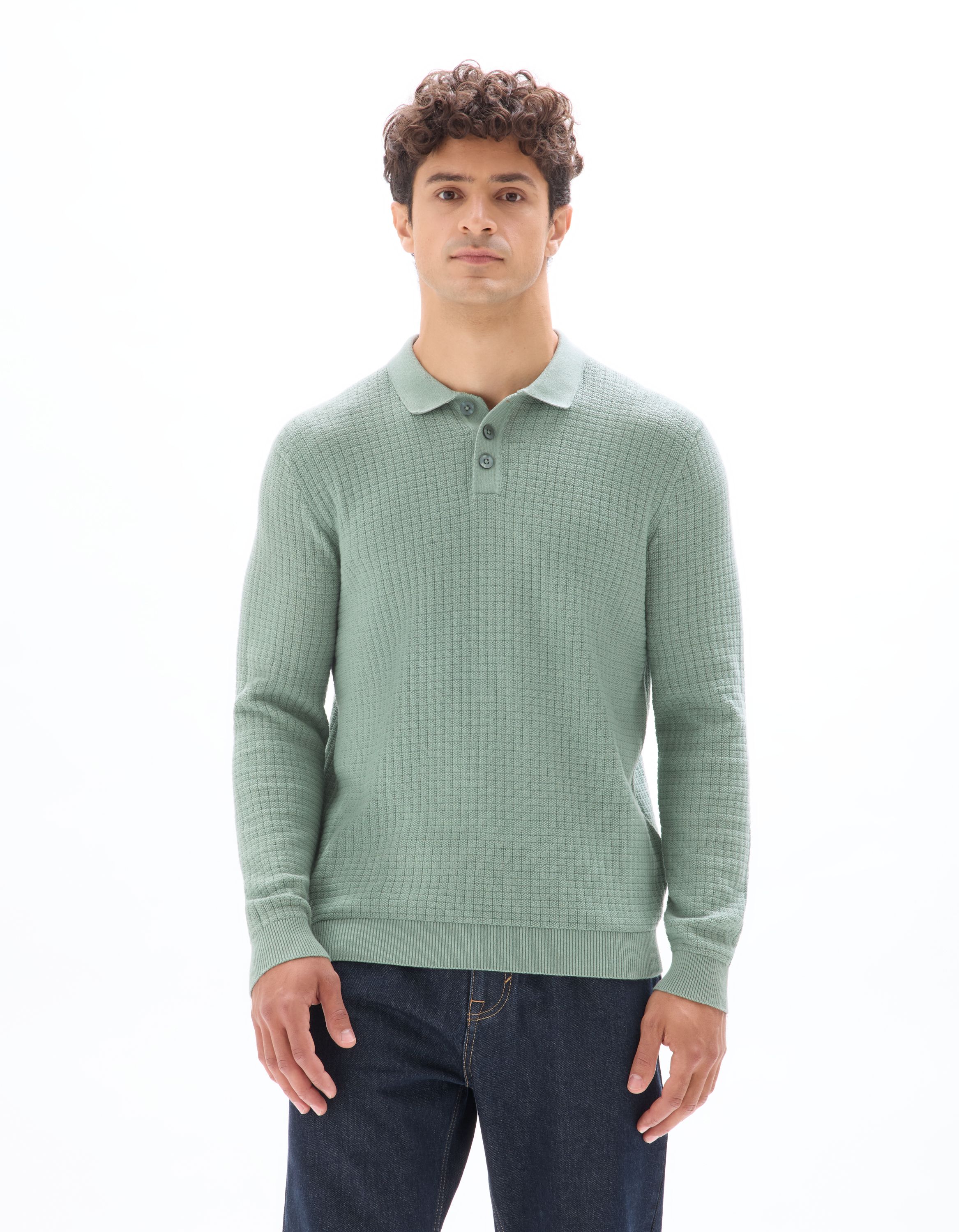 Pull col polo point fantaisie bleu vert - Main Image