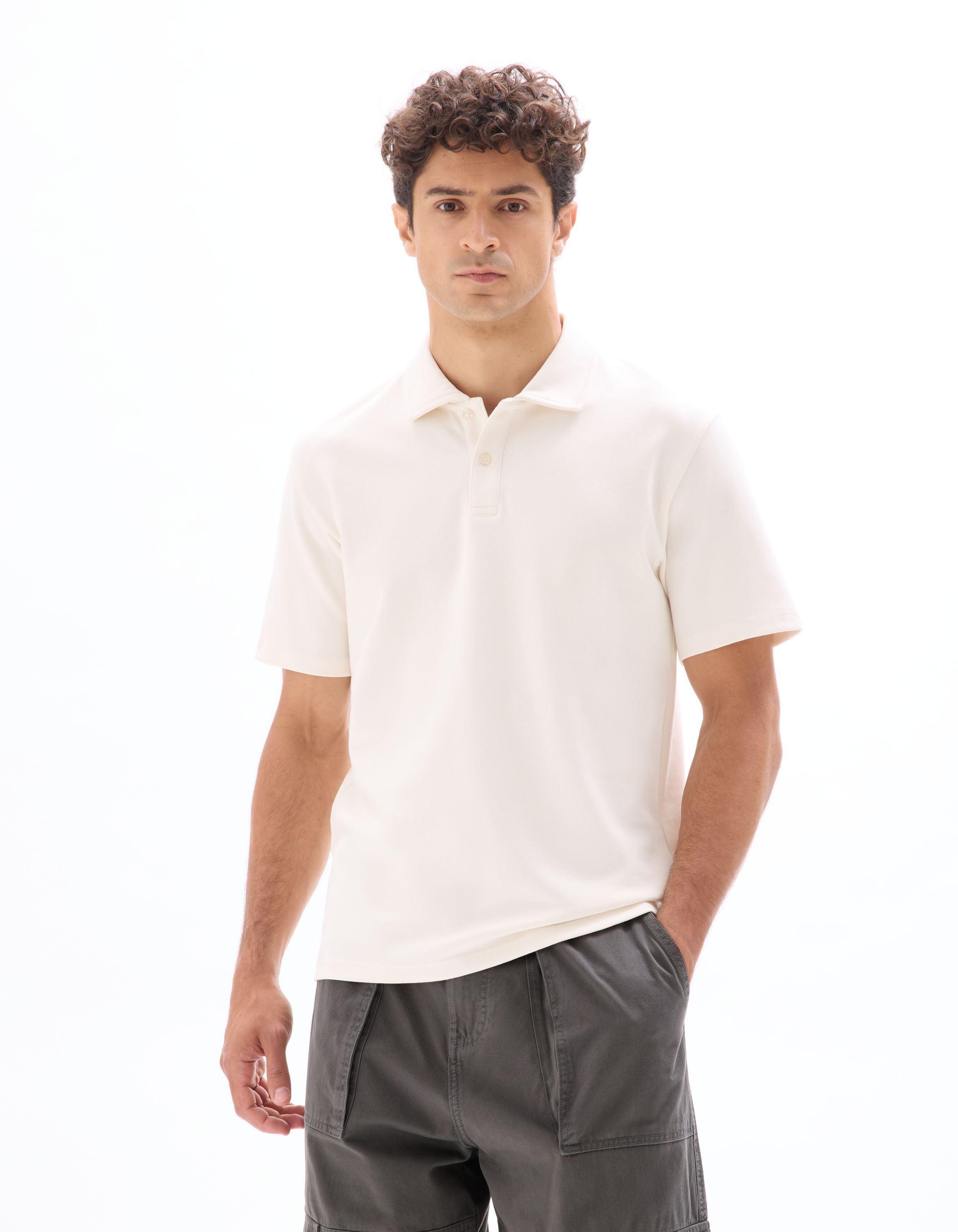 Polo regular col zippé en jersey écru