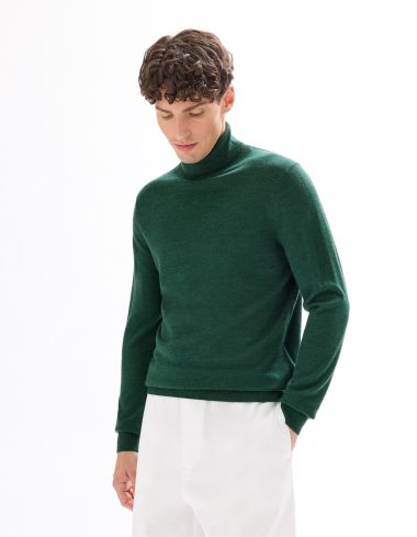 Pull col roulé slim 100% laine mérinos - vert foncé