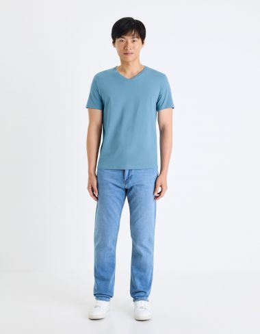 T-shirt col V slim stretch - bleu dur