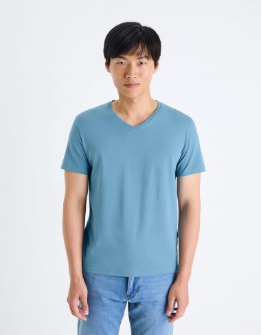 T-shirt col V slim stretch - bleu dur
