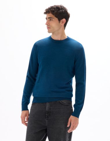Pull col rond 100% laine mérinos - bleu