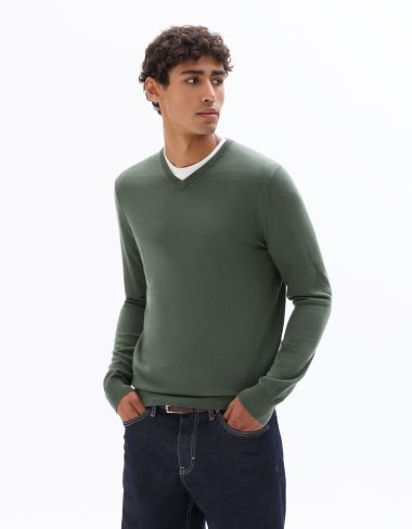 Pull col V 100% laine mérinos - vert