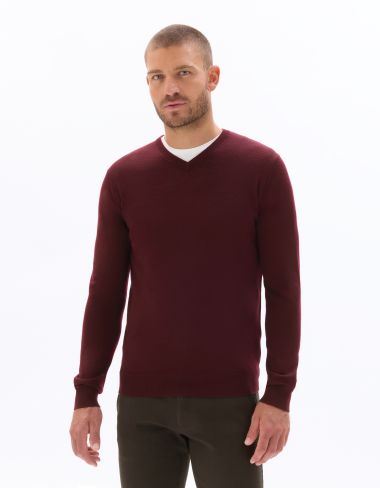 Pull col V 100% laine mérinos - rouge foncé