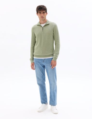 Pull à col camionneur zippé coupe slim en 100% coton - vert