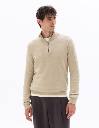 Pull col camionneur zippé slim 100% coton - beige