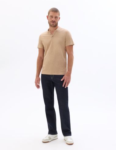 T-Shirt regular col tunisien coton mélangé - beige