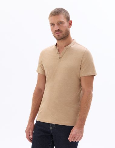 T-Shirt regular col tunisien coton mélangé - beige