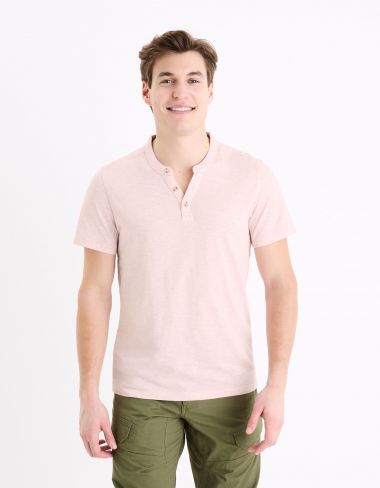 T-shirt col henley coton mélangé -rose pâle