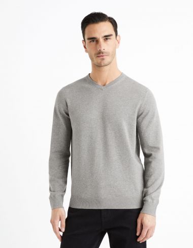 Pull col V 100% coton - gris chine