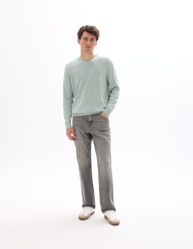 Pull col V 100% coton -bleu vert