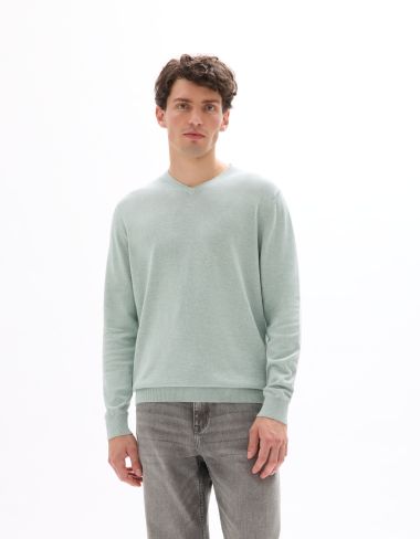 Pull col V 100% coton -bleu vert