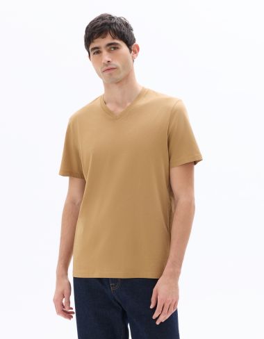 T-shirt regular col V 100% coton - beige clair