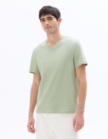 T-shirt regular col V 100% coton - vert clair