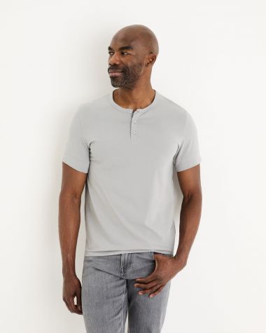 T-shirt col henley straight coton stretch - gris