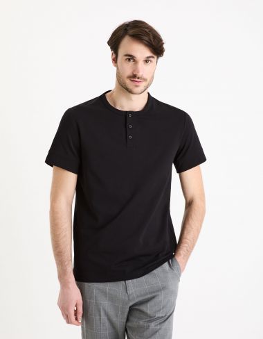 T-shirt col henley straight coton stretch - noir
