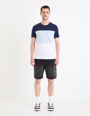 T-shirt col rond color block en coton - marine