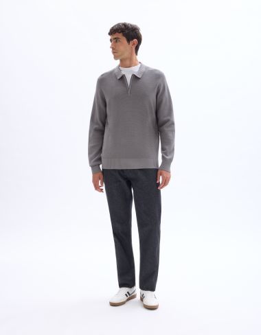 Pull col polo zippé gaufré - gris