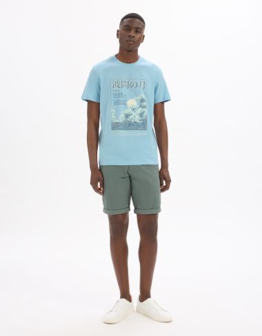 T-shirt regular col rond 100% coton imprimé asie - bleu ciel