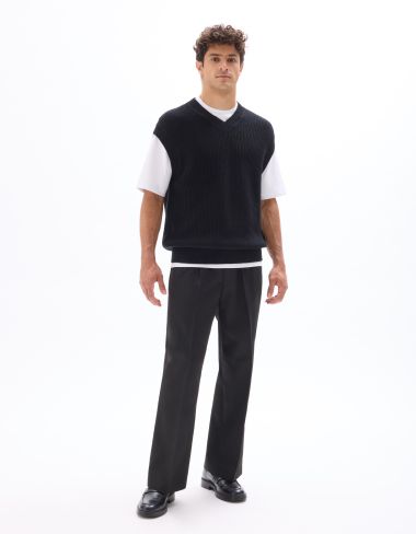 Pull col V en maille perlé 100% coton - noir