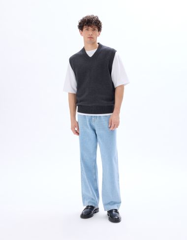 Pull sans manches col V 100 % coton - anthracite