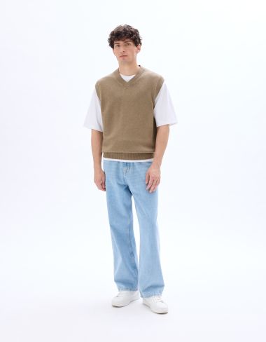 Pull sans manches col V 100% coton - beige