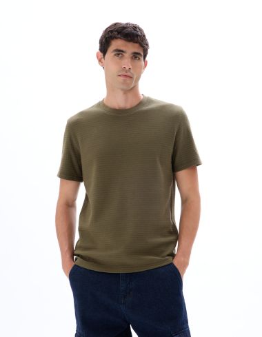 T-shirt regular col rond 100% coton reliéfé - kaki