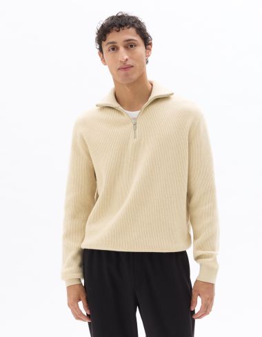 Pull col montant zippé côtelé - beige