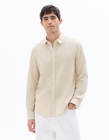 Chemise regular à col français en lin et coton - naturel rayée
