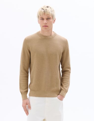 Pull col rond 100% coton en chevron - taupe