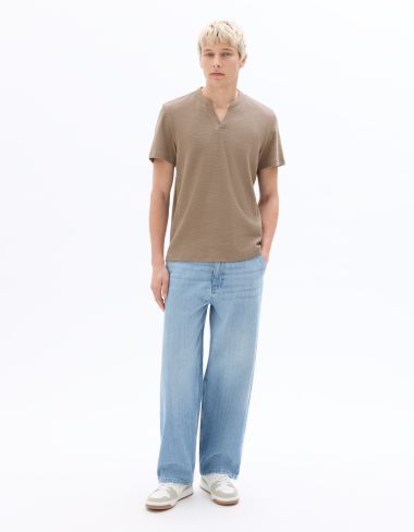 T-Shirt regular col Henley 100% coton - taupe