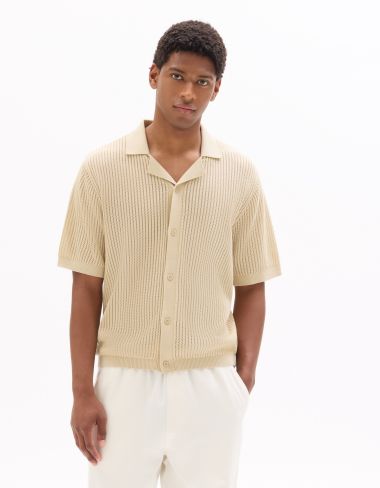 Polo boutonné 100% coton ajouré - beige