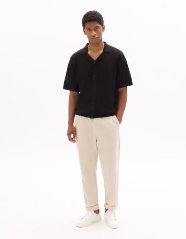 Polo boutonné 100% coton ajouré - noir