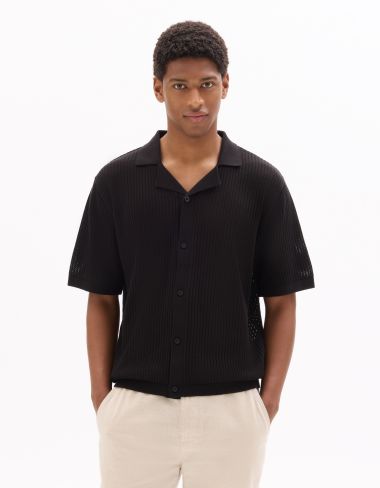 Polo boutonné 100% coton ajouré - noir